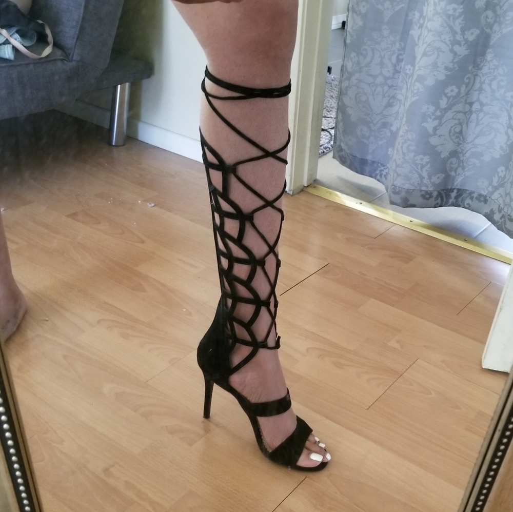 Black strap up heels